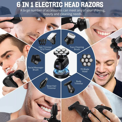 6-In-1 Multifunctional 7D Head Shavers for Bald Men Electric Razor with Nose Hair Trimmer Waterproof Mens Grooming Kit